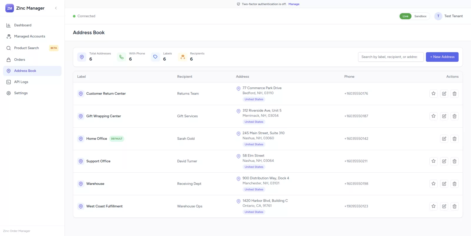 Zinc Manager address book with saved shipping addresses