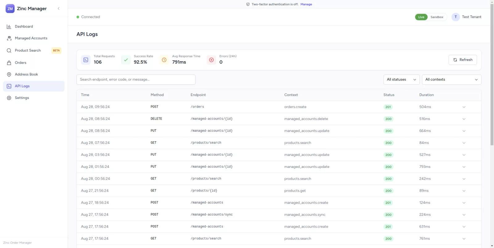 Zinc Manager API logs with endpoint, status, and duration