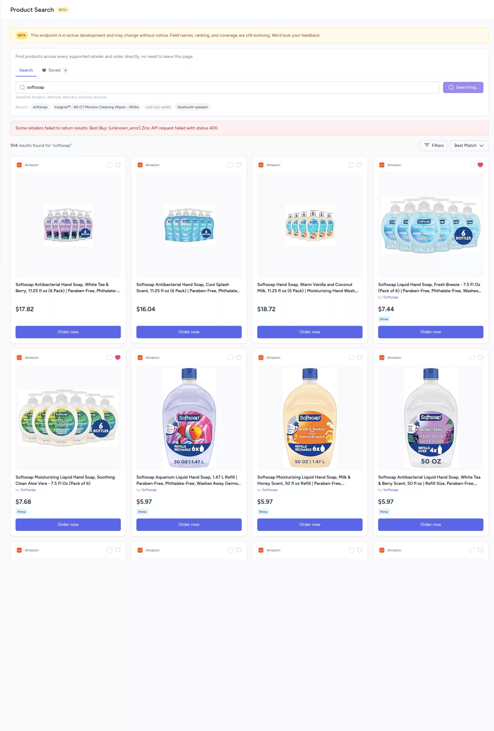 Zinc Manager product search results across multiple retailers